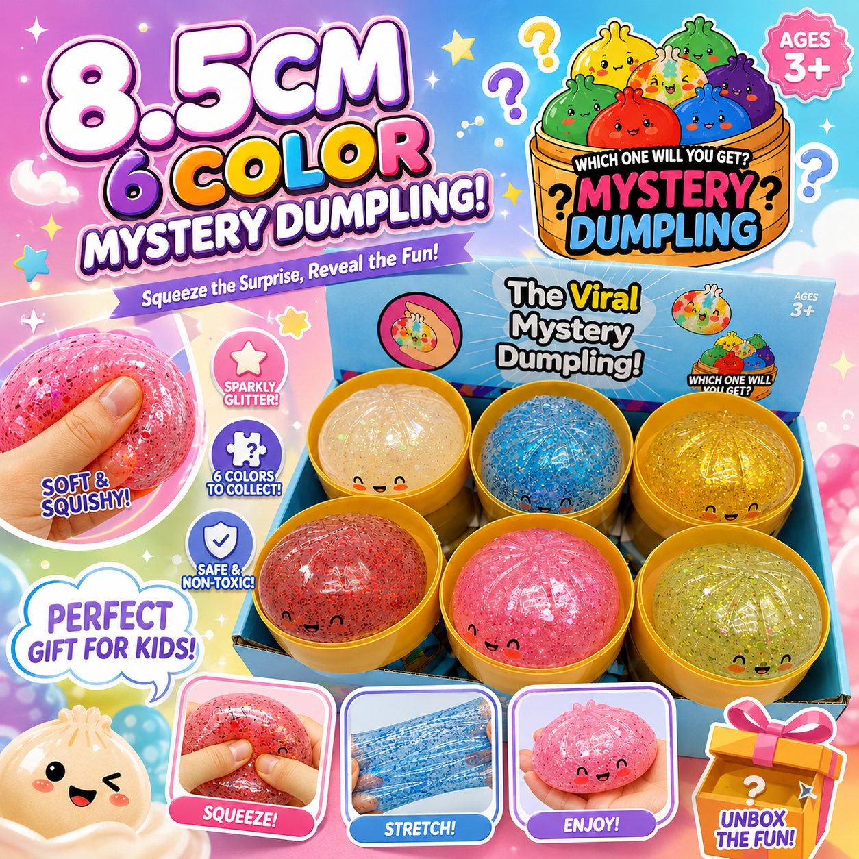 Mochi Bao Sensory Squishies - 8.5 cm Clear Sequin - Box of 12