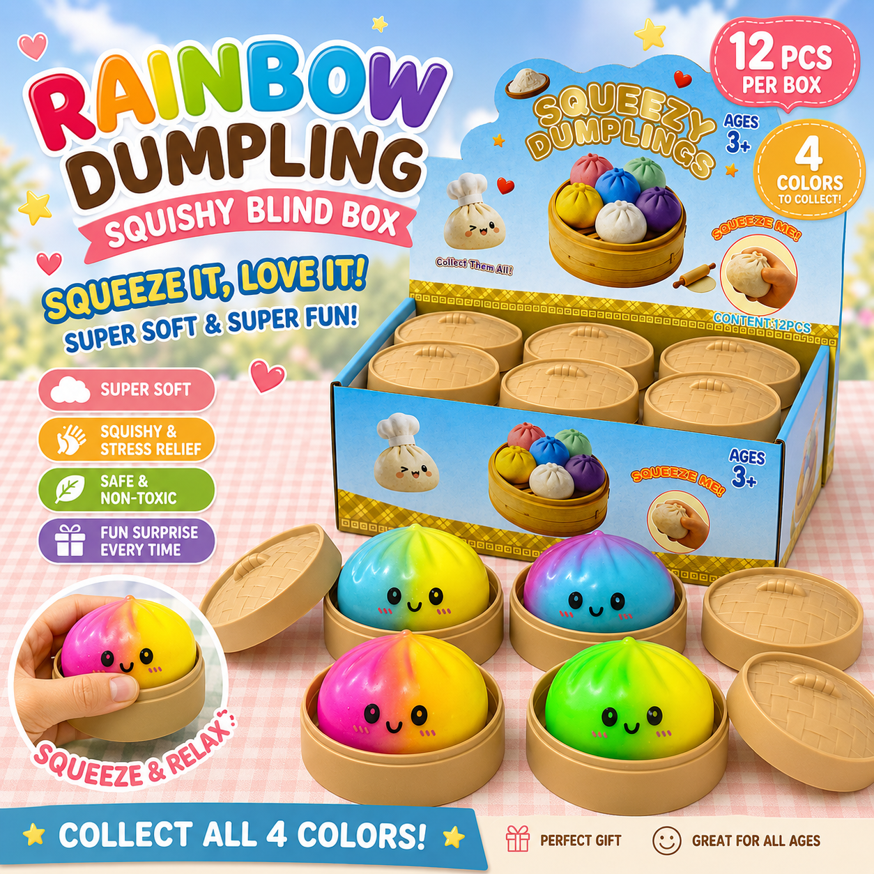 Mochi Bao Sensory Squishies - 8.5 cm Four-Color Flour - Box of 12