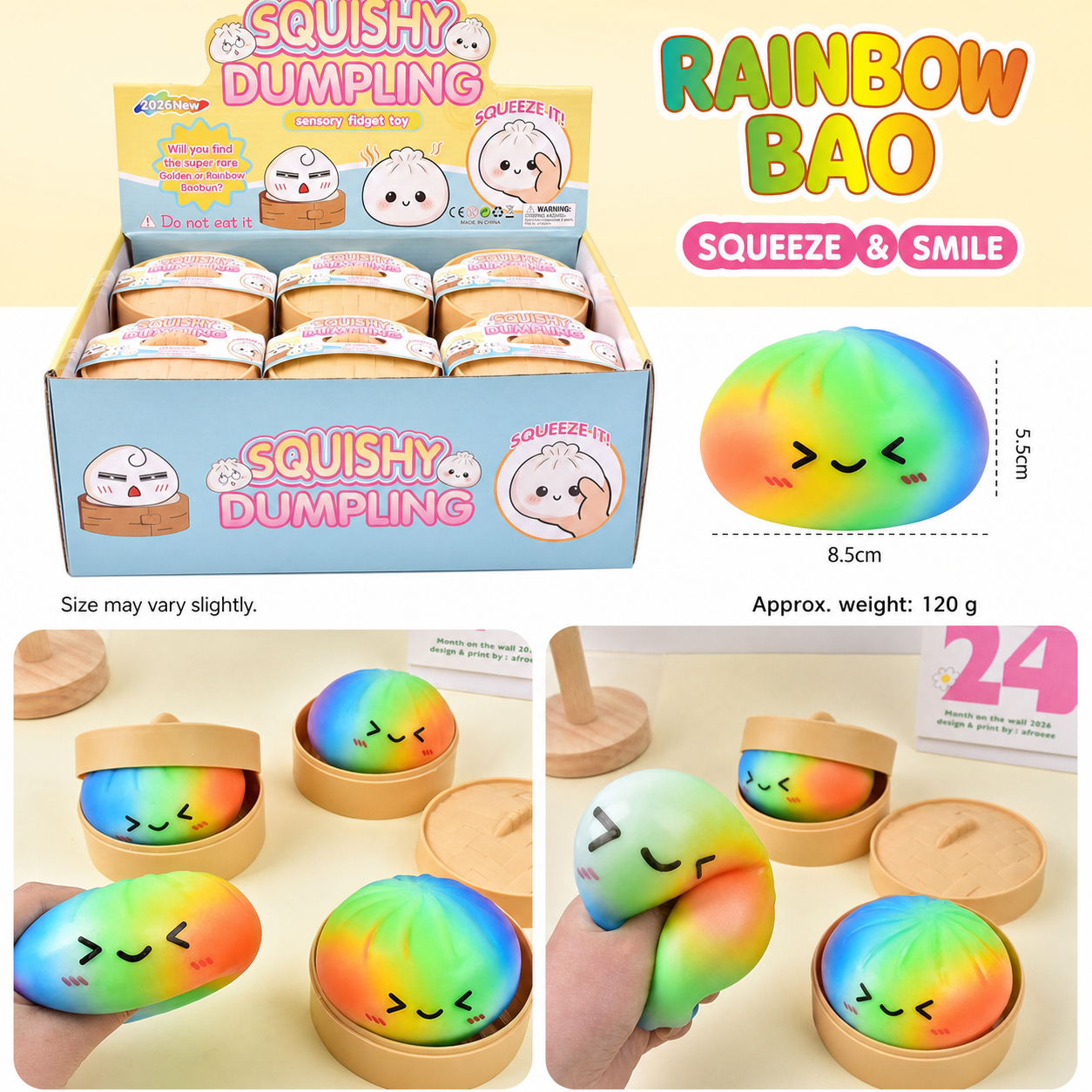 Mochi Bao Sensory Squishies - 8.5 cm Rainbow Flour Faces - Box of 12