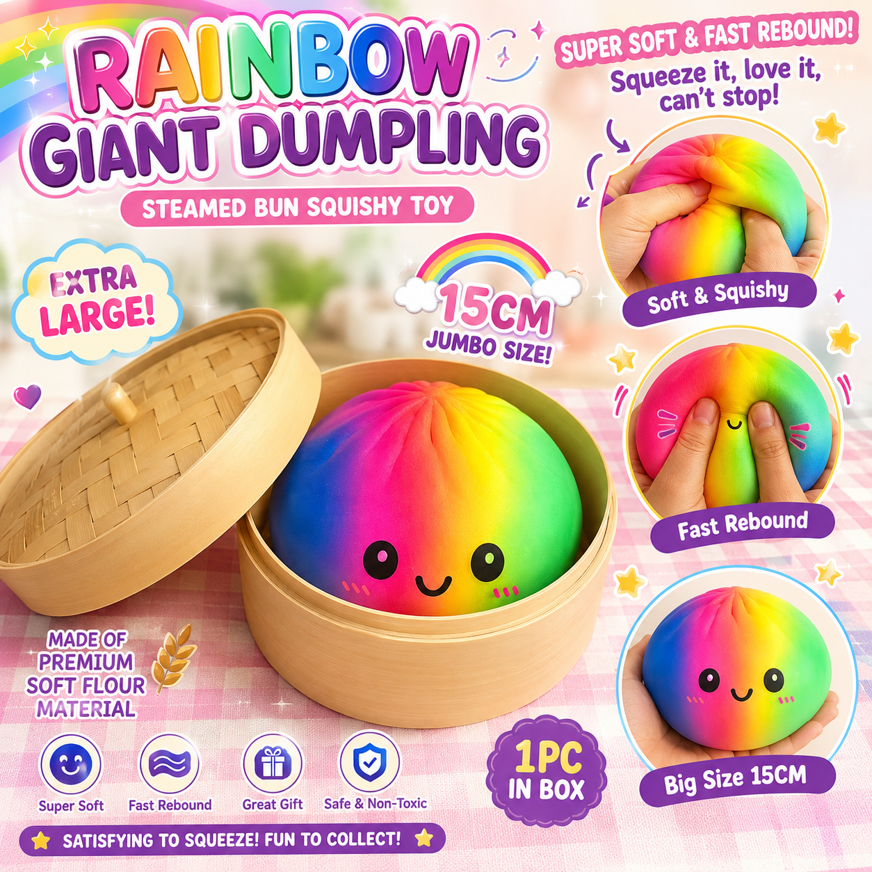 Mochi Bao Sensory Squishies - 15 cm Rainbow Face - Single
