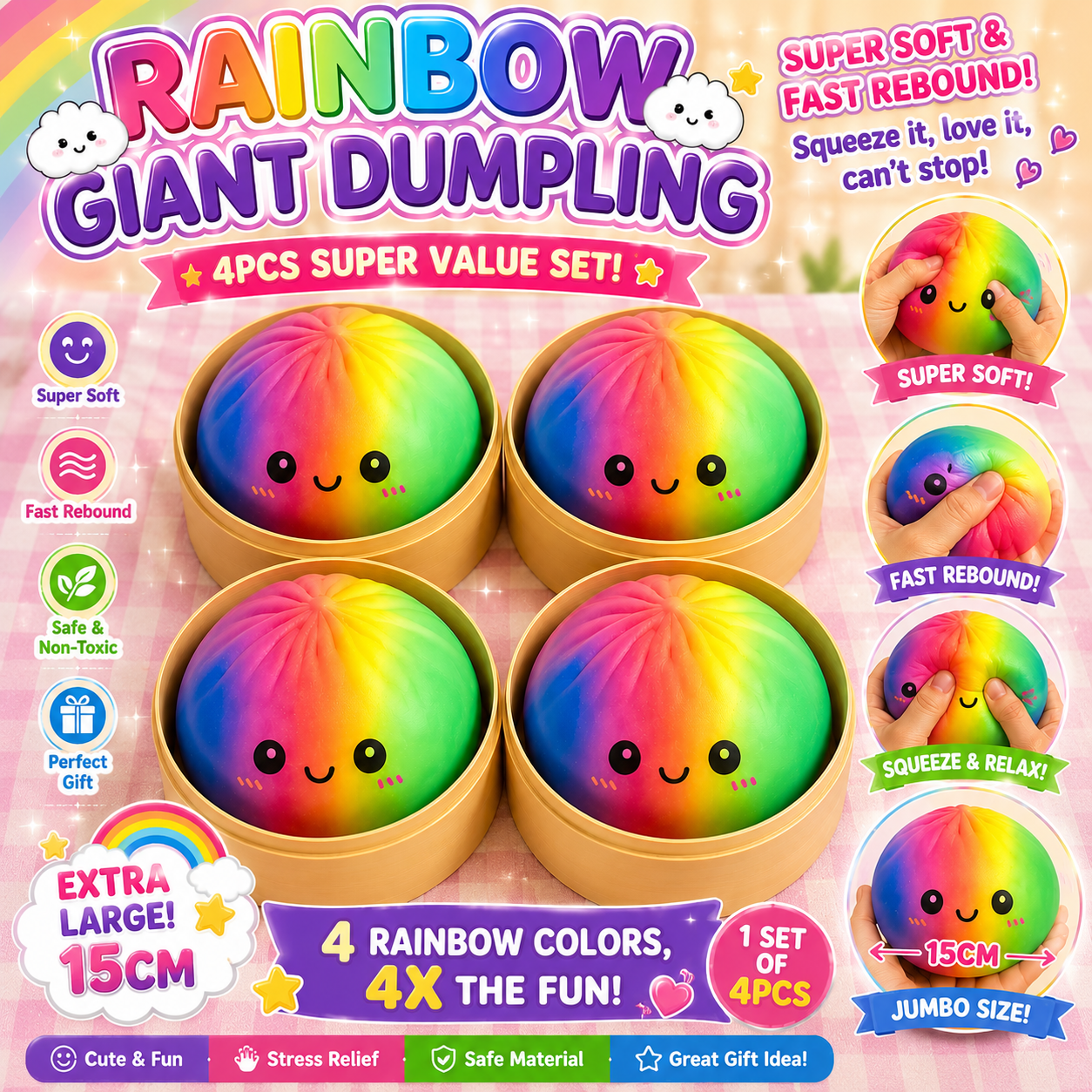 Mochi Bao Sensory Squishies - 15 cm Rainbow Faces - Pack of 4