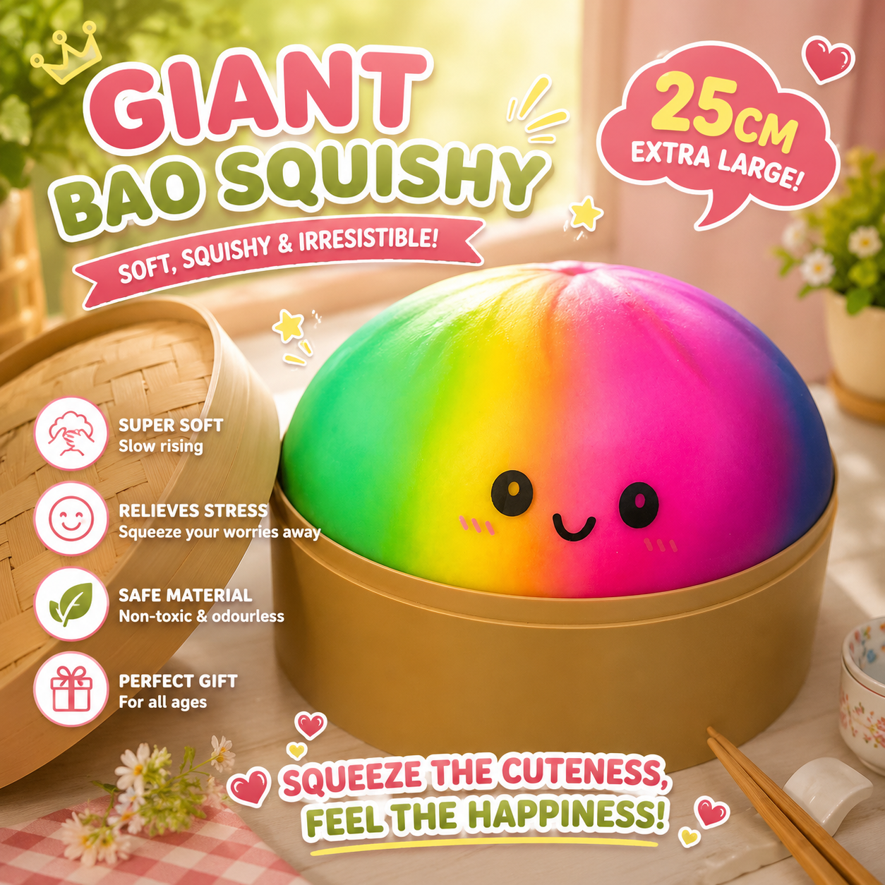 Mochi Bao Sensory Squishies - 25 cm Giant Rainbow Face - Single