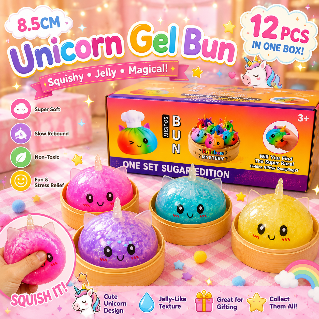 Mochi Bao Sensory Squishies - 8.5 cm Unicorn Gel - Box of 12